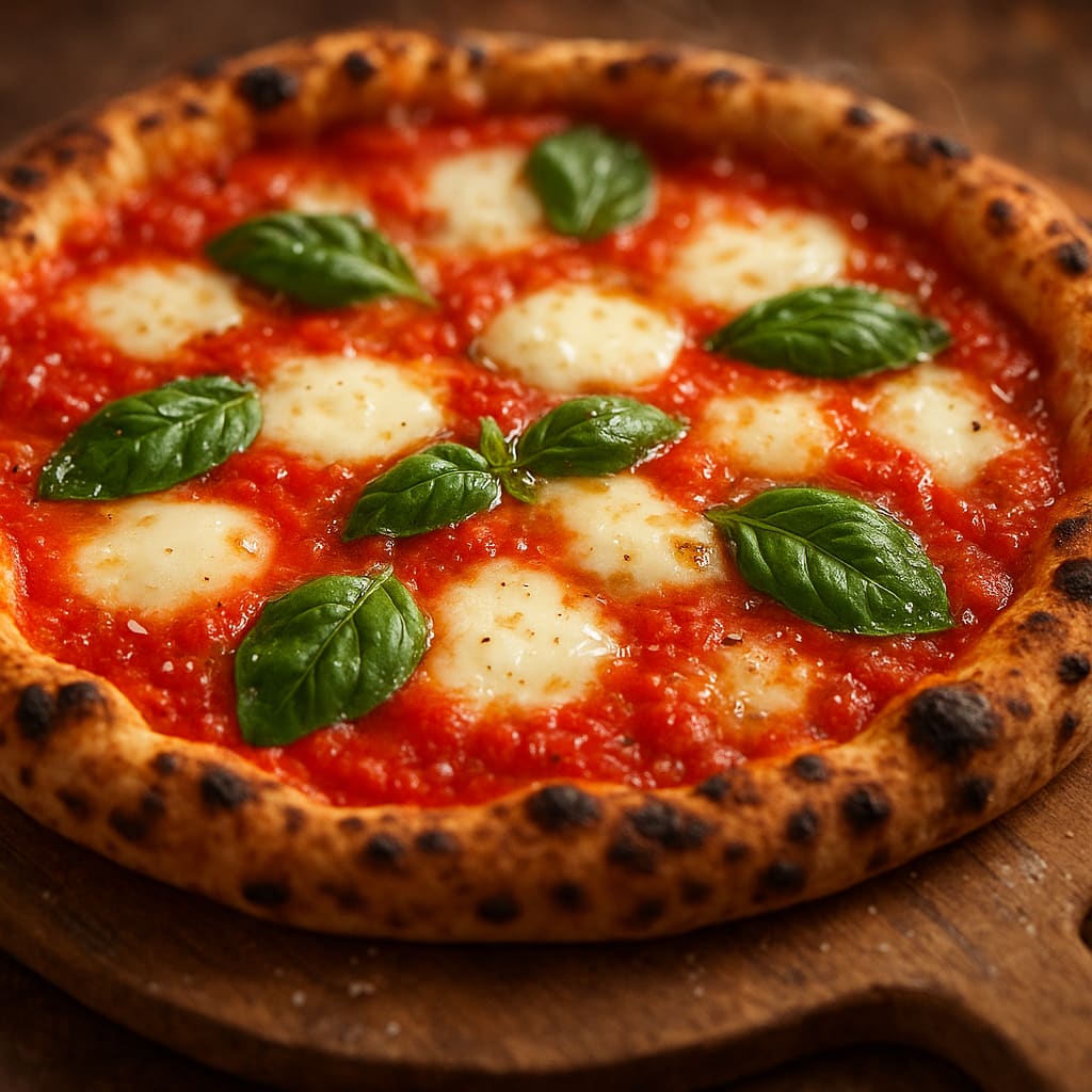 Pizza recién horneada con mozzarella y albahaca