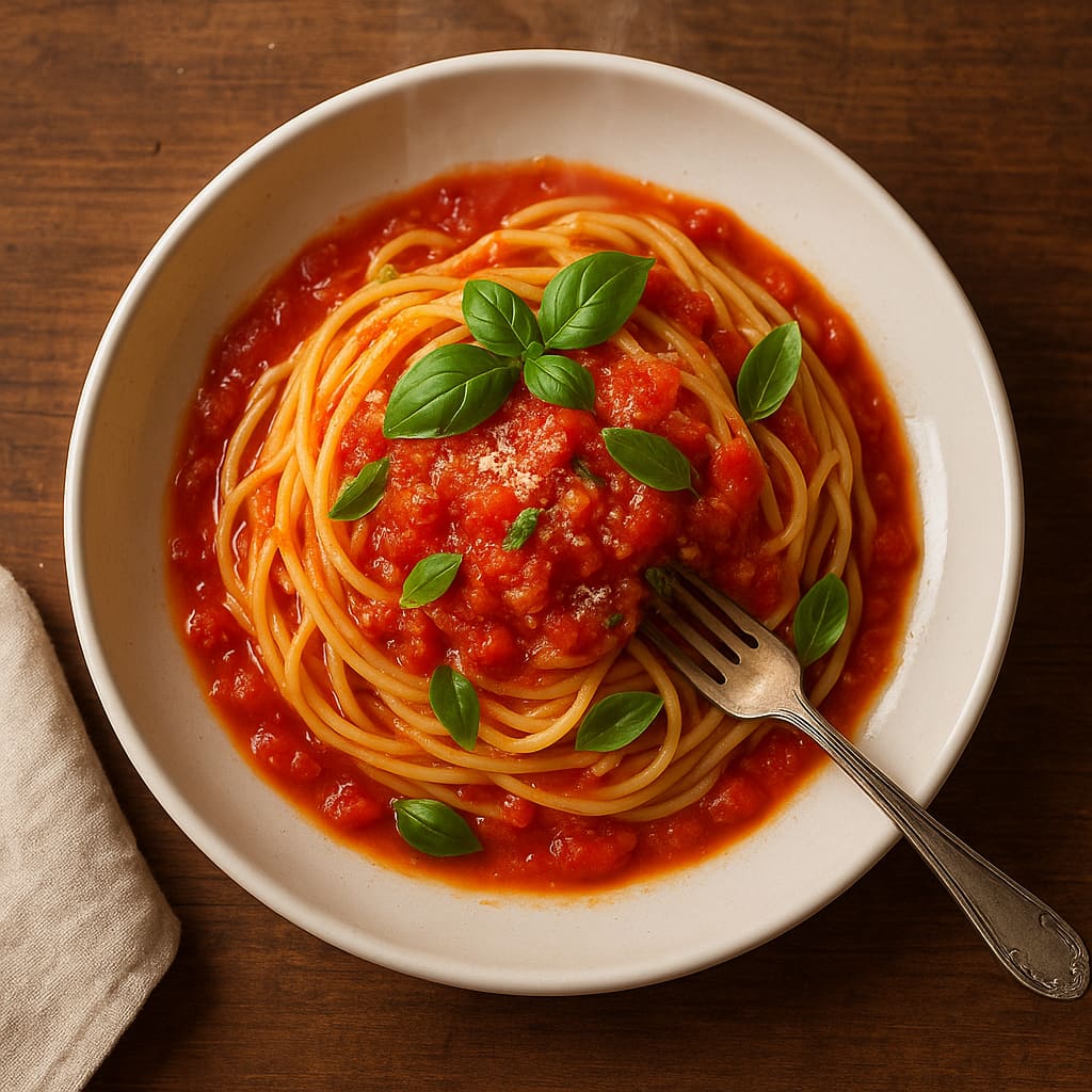 Plato de espaguetis con salsa de tomate y albahaca