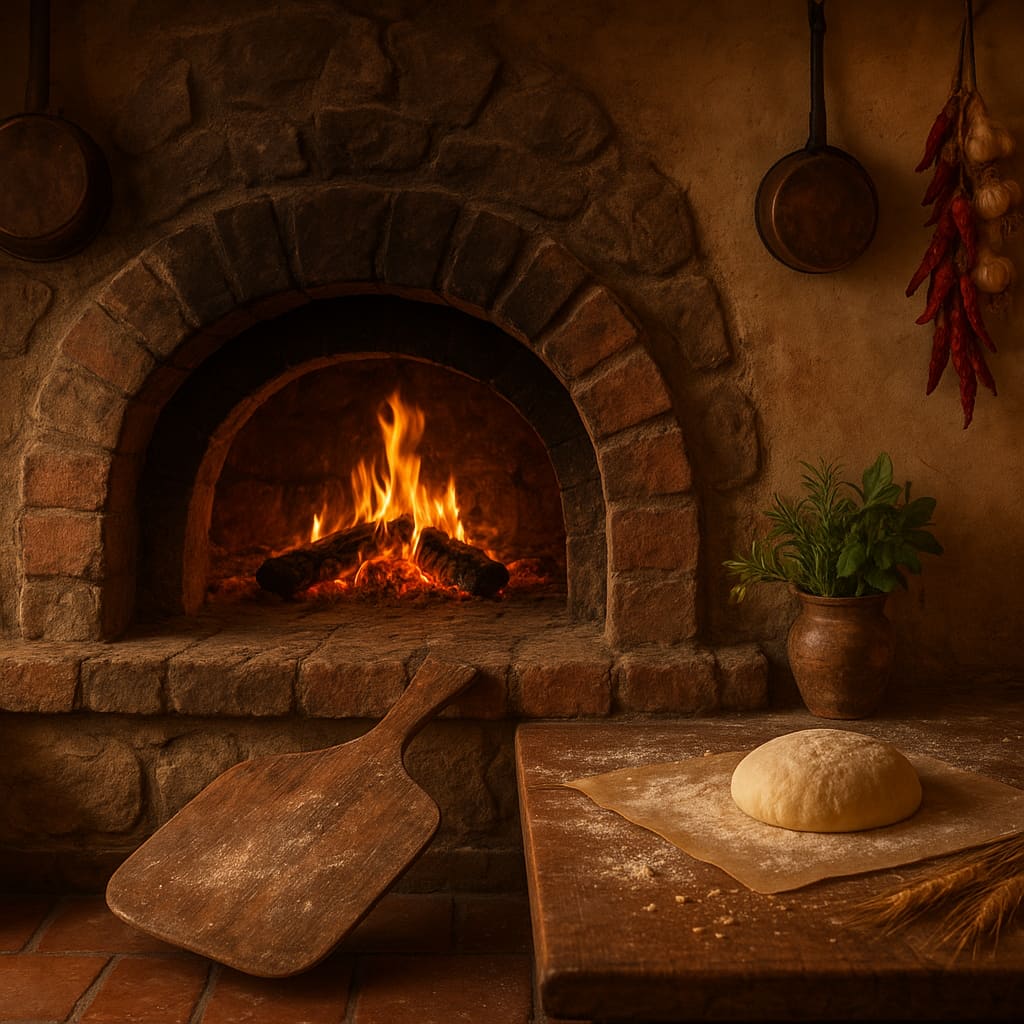Horno de piedra tradicional con leña ardiendo